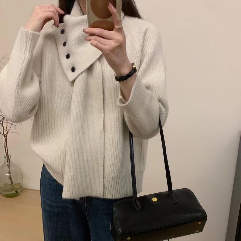 2024 Women's Korean Style Long Sleeve Scarf Collar Knit Sweater