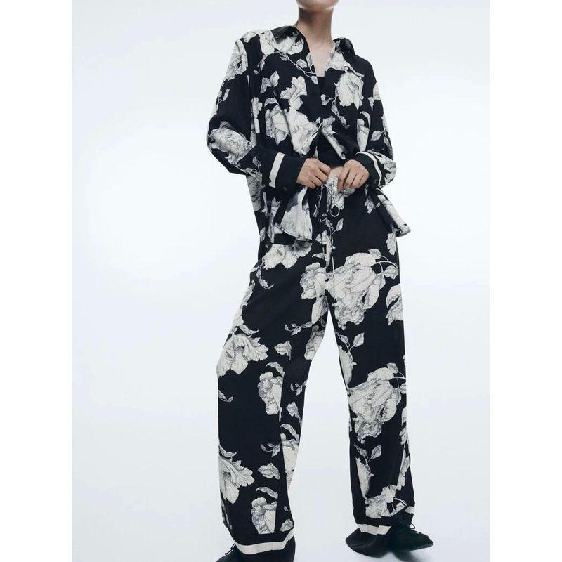 

Export Single H Home Silm Slim Looking Elegance Plaid Exquisite Print High Waist Slimming and Wide Leg Fashion All-Matching Pants Women Black L