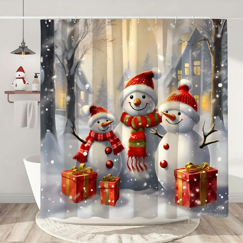 

Christmas Shower Curtain Santa Claus Christmas Gifts Snowman Happy Holidays Polyester Shower Curtains Bathroom Deco With Hooks W60H190(CM)-1 Pcs
