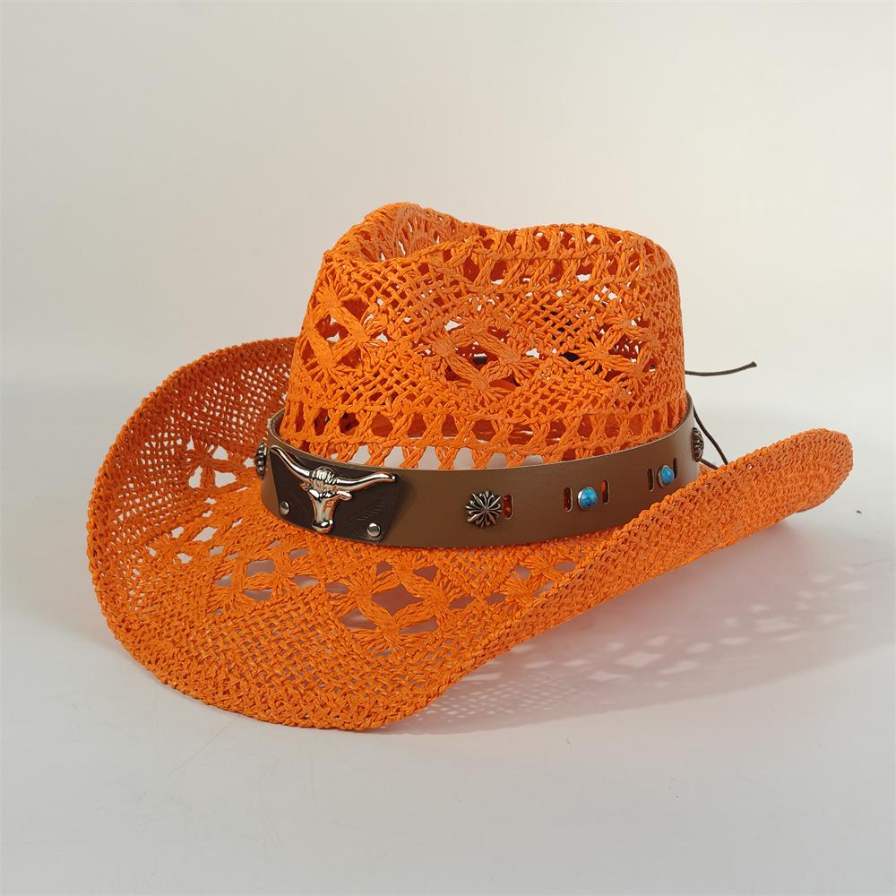 

Bull head Belt Hollow Cowboy Hat for Men Women Vintage Handmade Straw Weaving Beach Sun Hat Gentleman Lady Cowgirl Jazz Hat 56-58CM