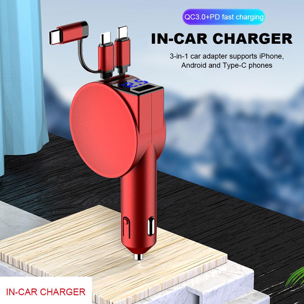 3 in 1 60W Car Lighter Adapters Charger Telescopic Cord 60W 3 in 1 Car Charger Adapter Dual Port for IPhone/Android/Type-C Phone