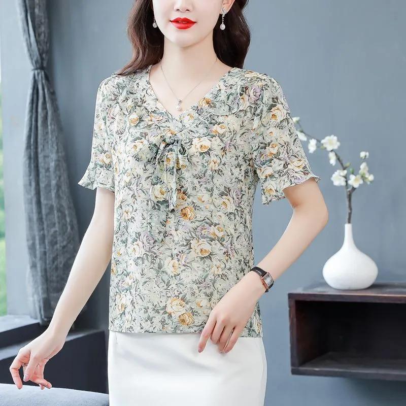 Kwiecista szyfonowa koszula z krótkim rękawem dla kobiet, letnia, nowa moda, wysokiej klasy, zagraniczny styl, wszechstronna i piękna koszula, top, lato