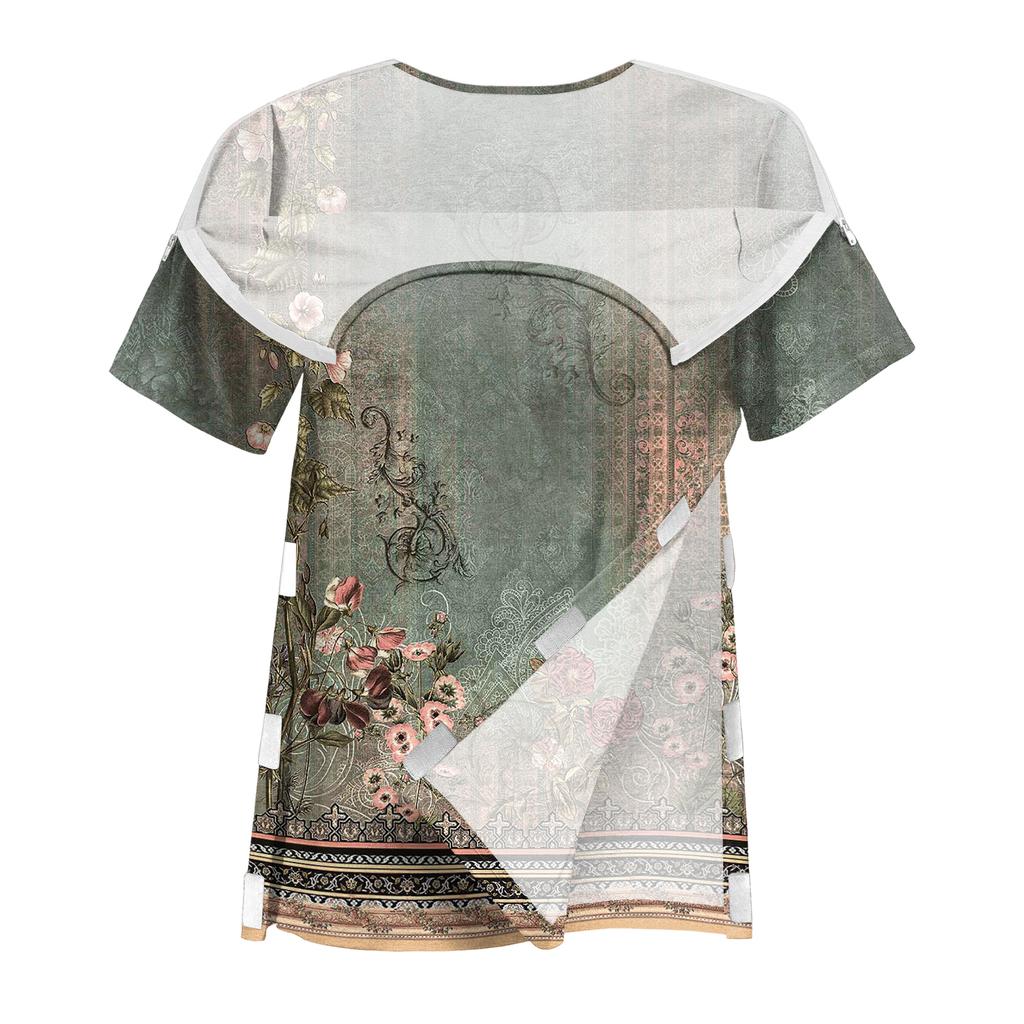 Post Surgery Women Short Sleeve Shirt Floral Print Zipper Shoulder Side Velcro Closure Comfortable Recovery Top for Medical Use