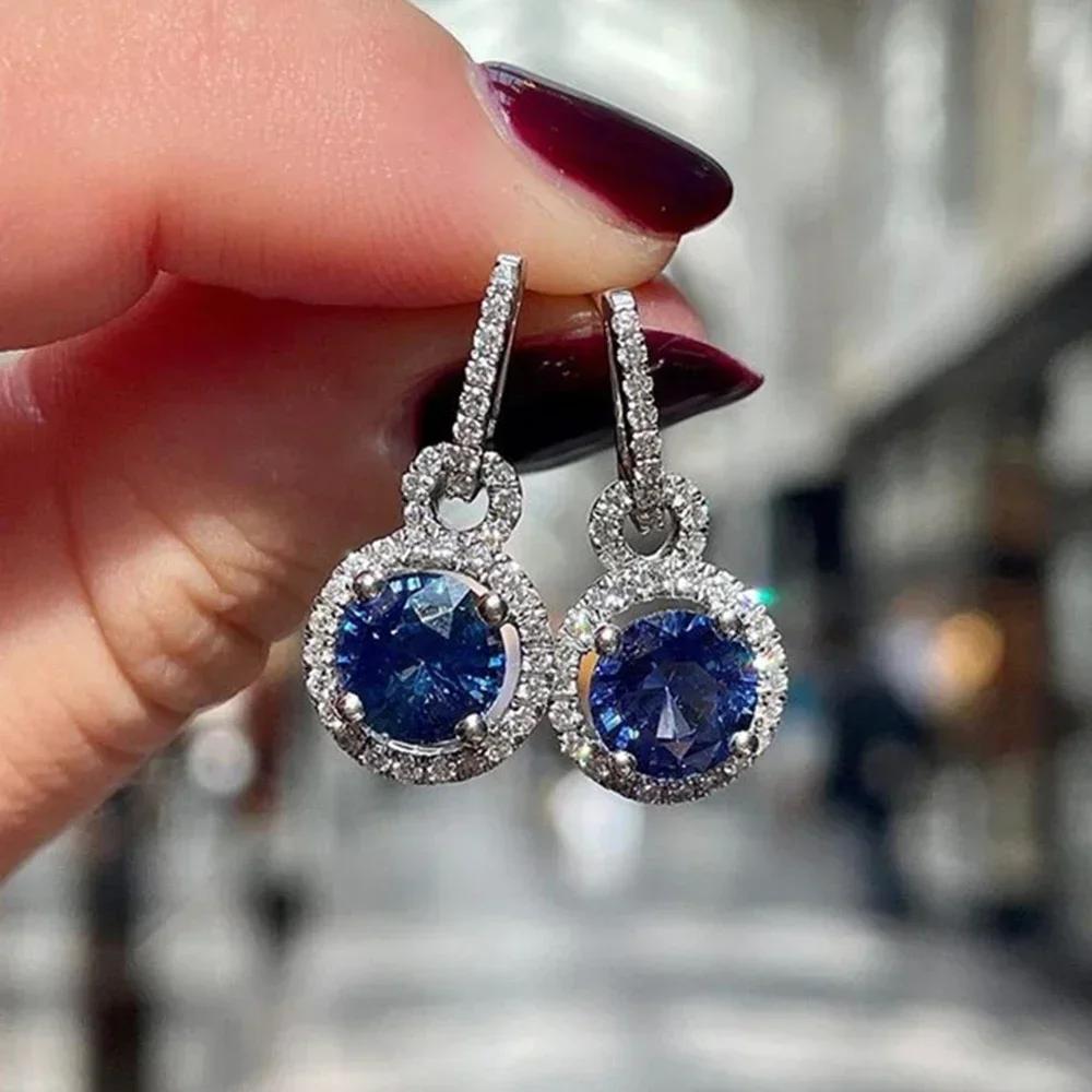 Royal Blue Zircon Oval Earrings Fashionable High-End Design Accessories for Banquets Personalized Simple Zircon