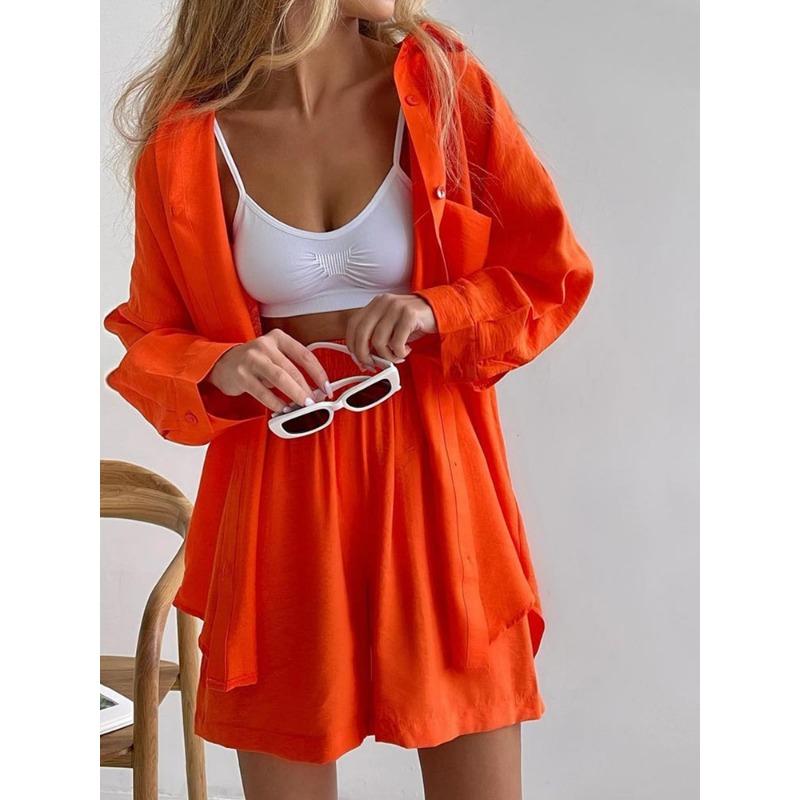 Fashion Long Sleeve Shirt and Loose Wide Leg Shorts Sets Women Buttons Spring Autumn Elastic Waist Casual Shorts Suit Outfits Elegant Clothes 1083