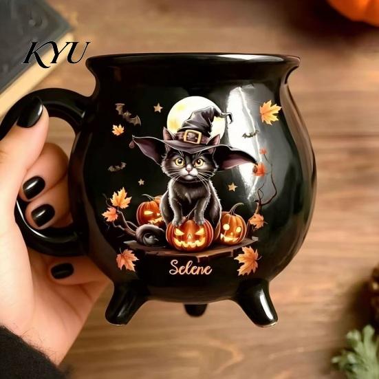 Široké ucho Stabilní základna Čarodějnický hrnek na kávu s designem třínožkového kotlíku, Protiskluzový keramický Novinka Party Favors Halloween Hrneček, Objem 370 ml