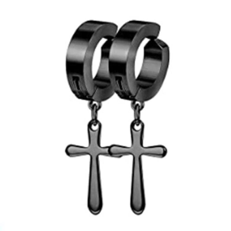 WKOUD 2PCS Stainless Steel No Piercing Cross For Men Kpop Clip On Cross Earring Gothic Punk Fake Ear Cuff Cross Earring Dangle