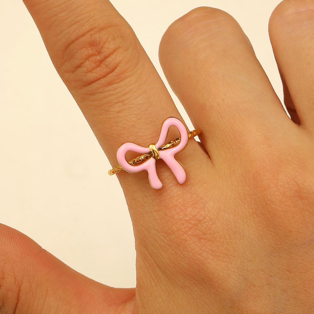 High Quality Fashion Popular Dopamine Drip Bow Ring Niche Design Popular Stainless Steel Ring Wholesale