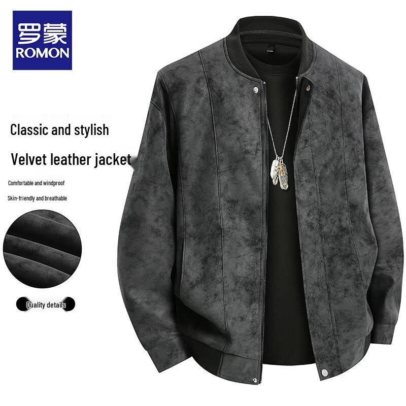 ROMON Men's Baseball Collar Faux Leather Jacket