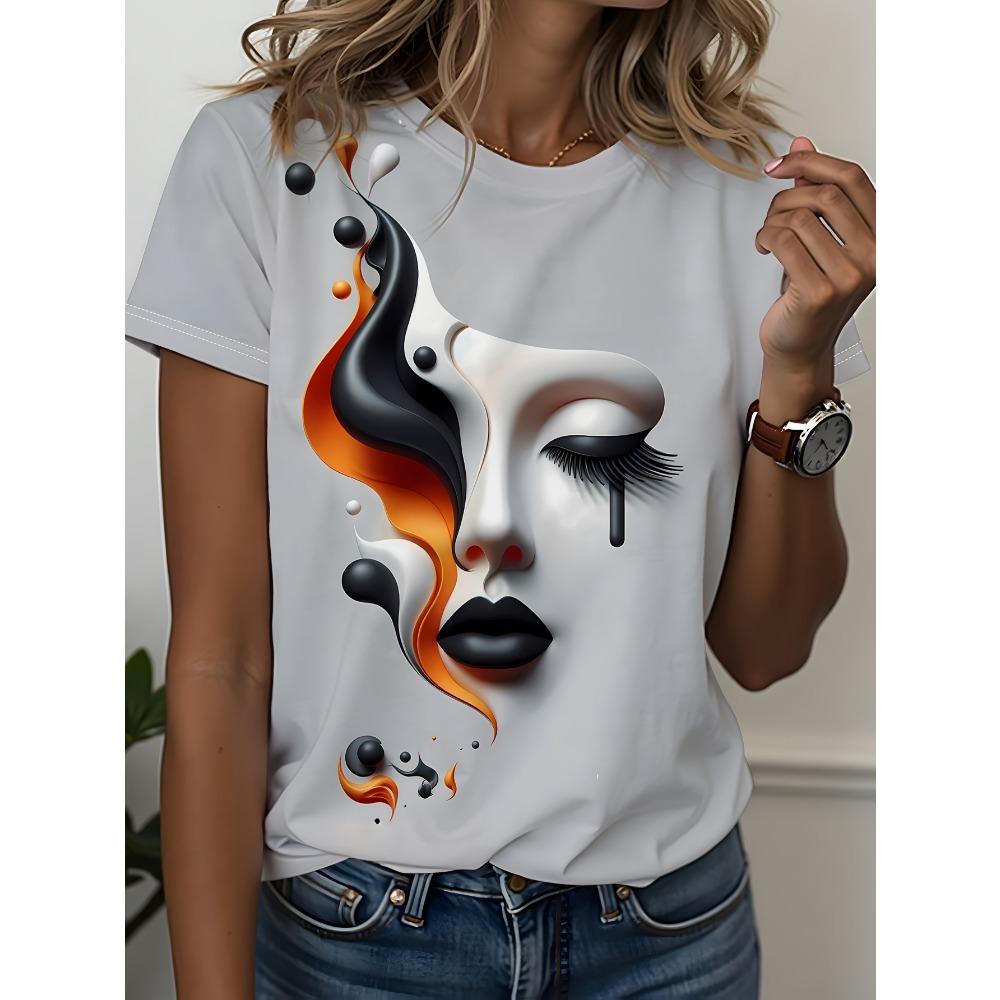 

Жіноча футболка з 3D-принтом - Зручна, з коротким рукавом, круглим вирізом, середня еластичність, повсякденний топ для весни, дихаюча футболка, футболка з принтом, модний одяг XL