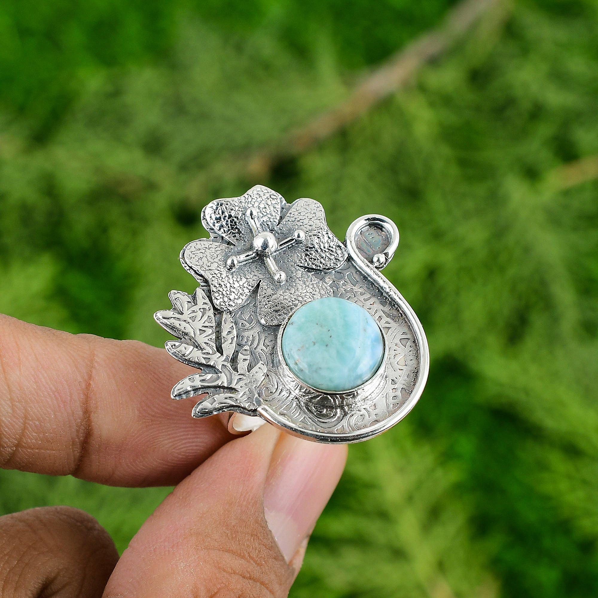 

Натуральный Ларимар Драгоценный камень Заявление Цветок Регулируемое кольцо 925 Серебро Для женщин Adjustable