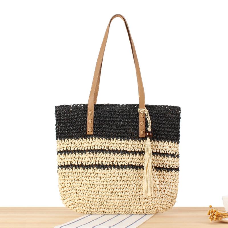 

Large Woven Straw Tote Bag For Women, Fashionable Shoulder Bucket Bag With Tassel, Spacious Beach Bag For Casual Outfit, Contrast Stripe Design чёрный
