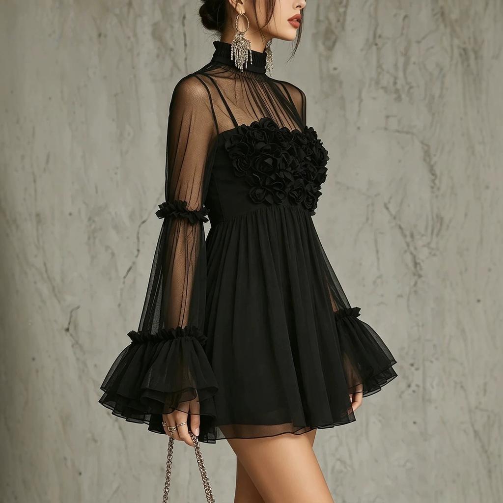 There are big flowers on the chest, European and American French three-dimensional rose mesh dress, high neck perspective horn, small black dress.