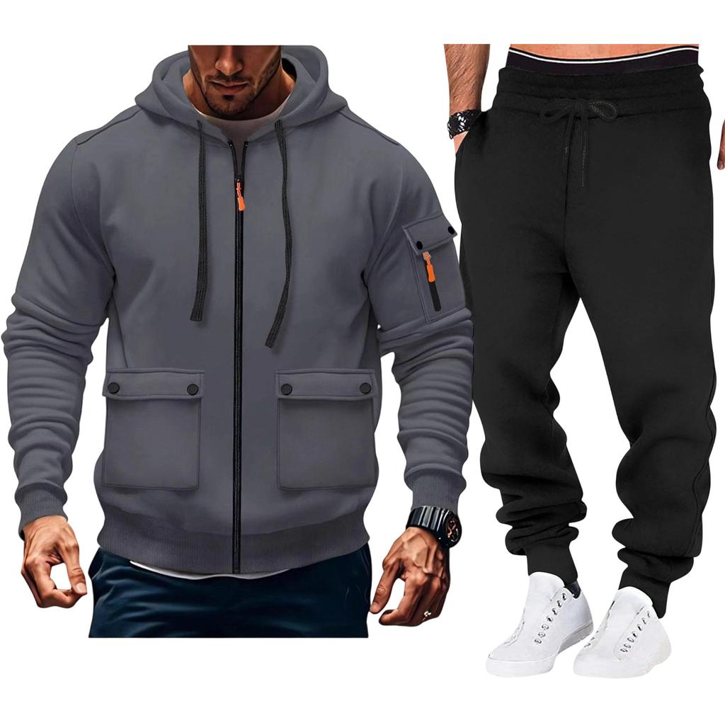 Men'S Hoodie Multi Pocket Hooded Long Sleeved Casual Sports Two-Piece Set