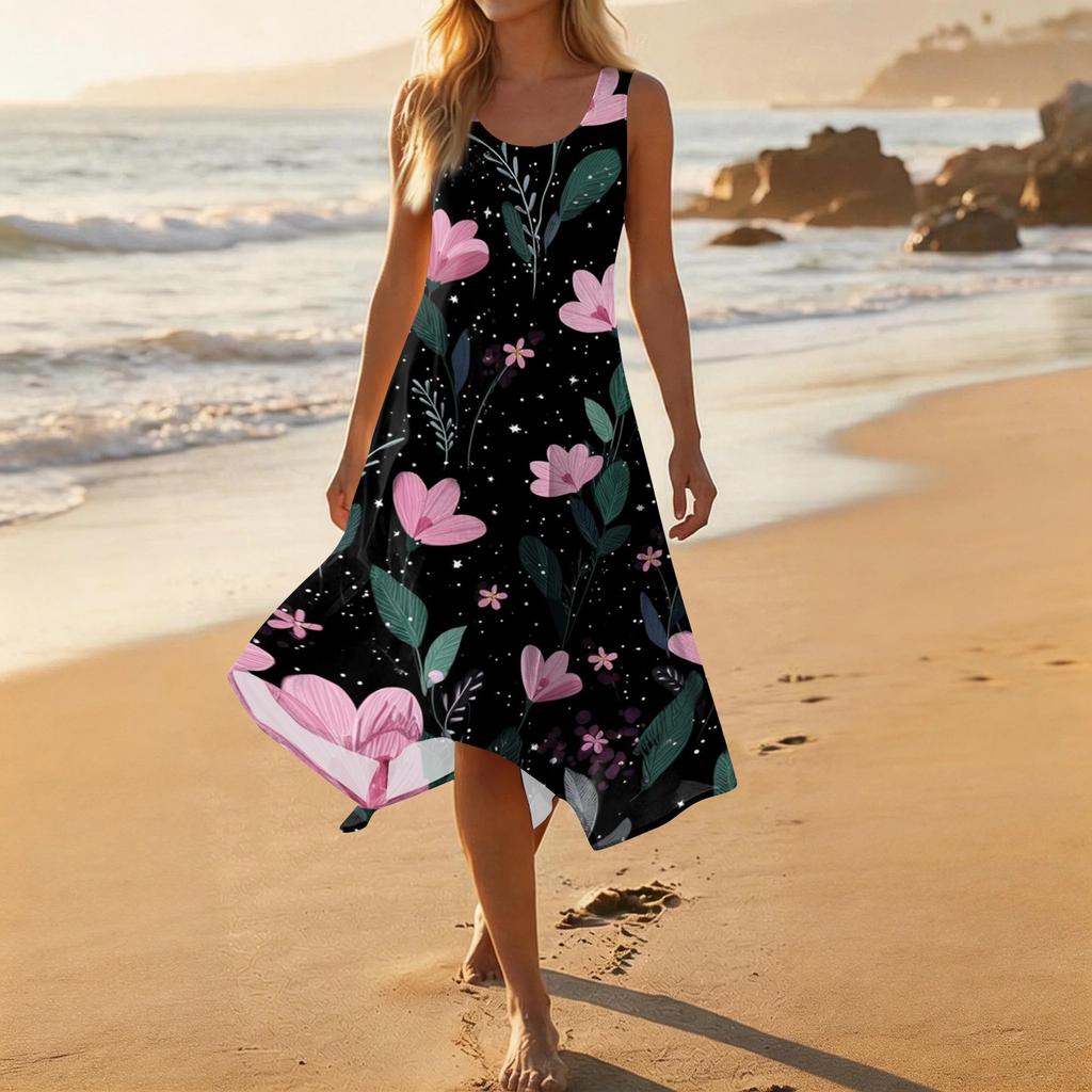 Women’s Casual Sleeveless Round Neck Floral Print Midi Dress with Asymmetrical Hem Loose Fit Comfortable Style for Daily Wear