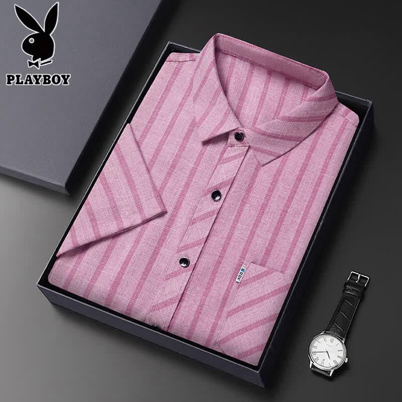 PLAYBOY Men s Cotton Linen Plaid Short Sleeve Shirt M красный