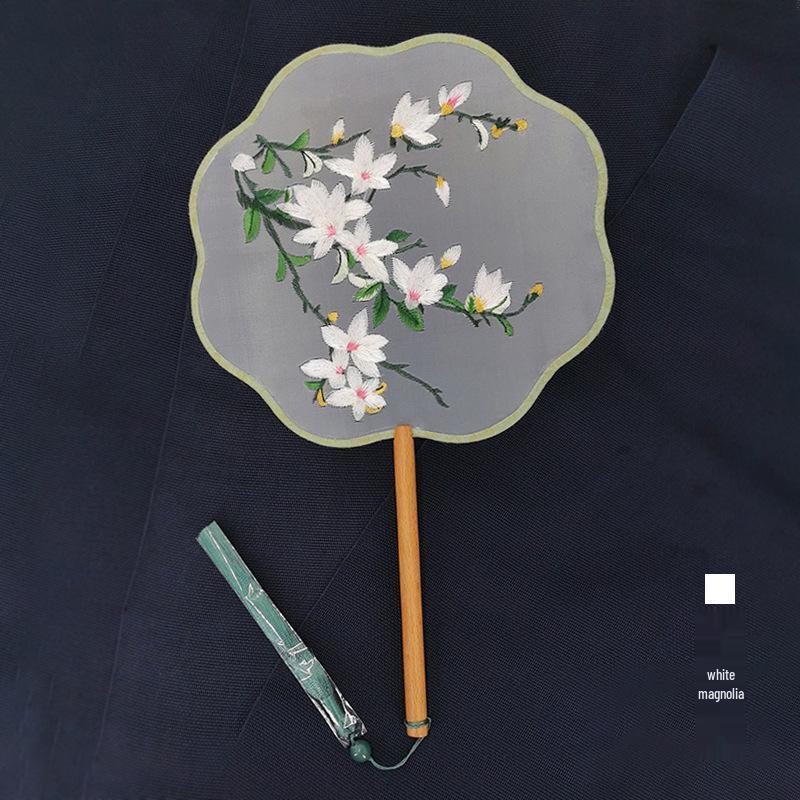 Lingjuan Palace Double-Sided Embroidered Lotus Fan: Beechwood Handle, Classical Chinese Dance Fan