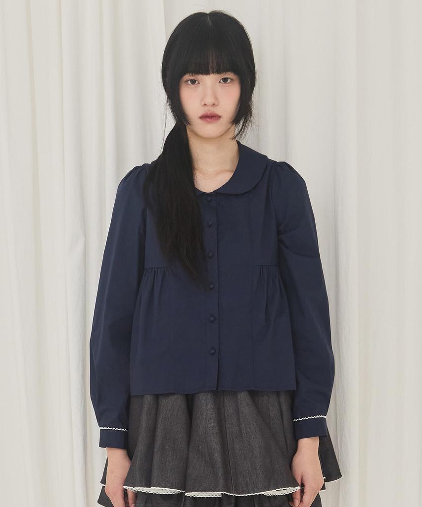 Alkialka Round Collar Shirring Blouse (Navy)