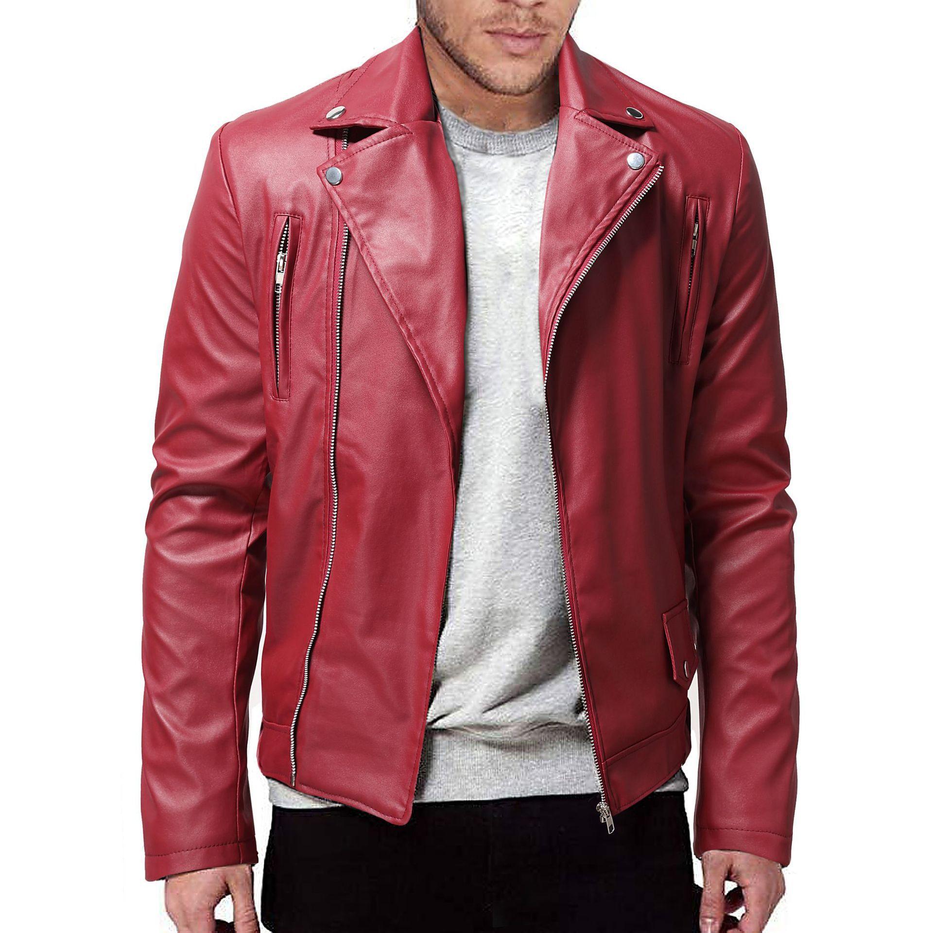 

New Autumn and Winter Men s Casual Leather Jacket Large Size Slim Leather Jacket Motorcycle Leather Jacket S червоний
