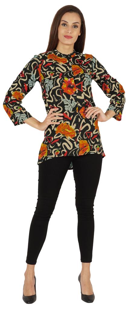Bimba Button Down Tunic Casual Printed 3 4th Sleeves Loose Fit Rayon Tunic Long Shirt Top For