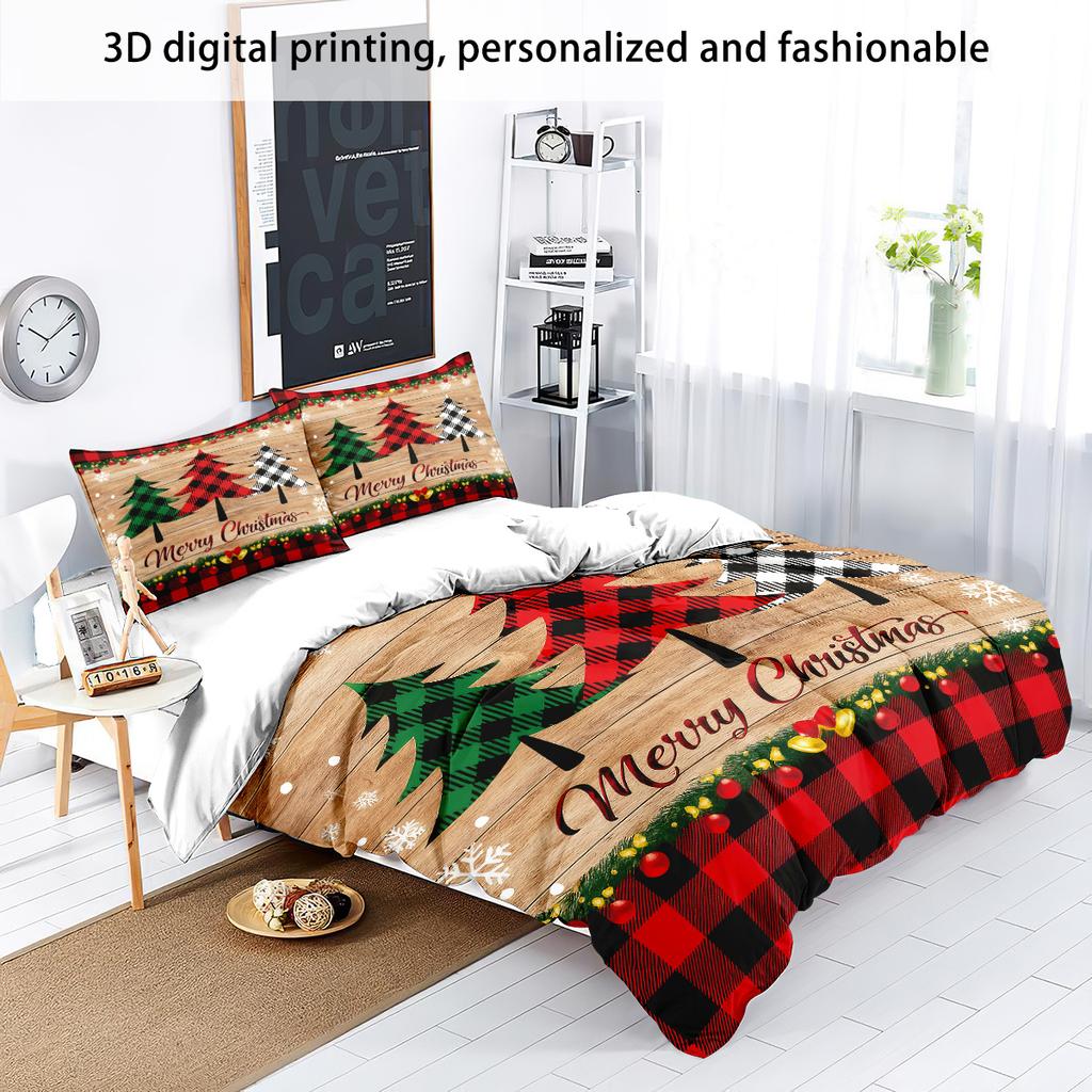 3pcs Checkered Christmas Tree Print Coreless Duvet Cover Set Multiple Sizes Bedrooms Dormitories Comfortable Machine Washable