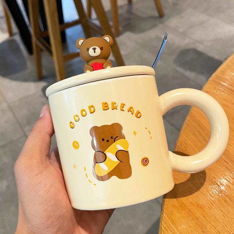 Kreative Keramiktasse mit Bär, Niedliche Cartoon-Kaffeetassen mit Deckel und Löffel, Frühstücks-Milchgetränkebecher, Wasserbecher für Paare, Bürotassen-Set