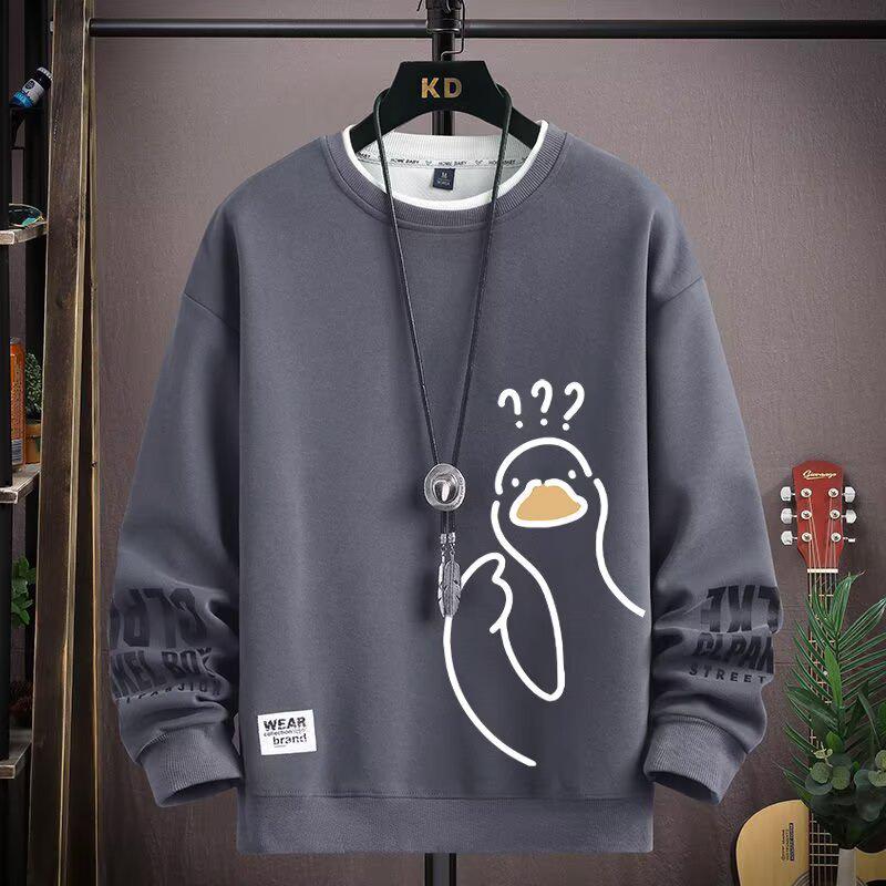 Men's Trendy Question Mark Duck Print Crewneck Pullover Sweatshirt - Comfortable, Plus Size, Versatile Casual Top.