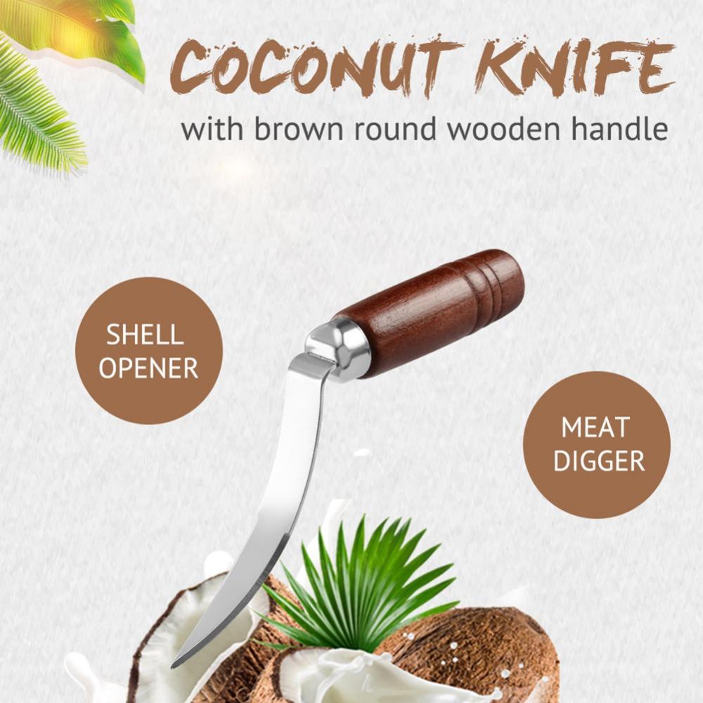 Wooden Handle Coconut Scraper Knife Brown Silver Shell Opener Coconut Opener Tool  Multi-Purpose