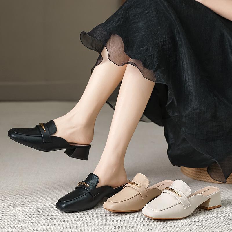 Baotou half slippers Muller shoes women's fashion outer wear lazy square head medium heel thick heel cool slippers women X332-5