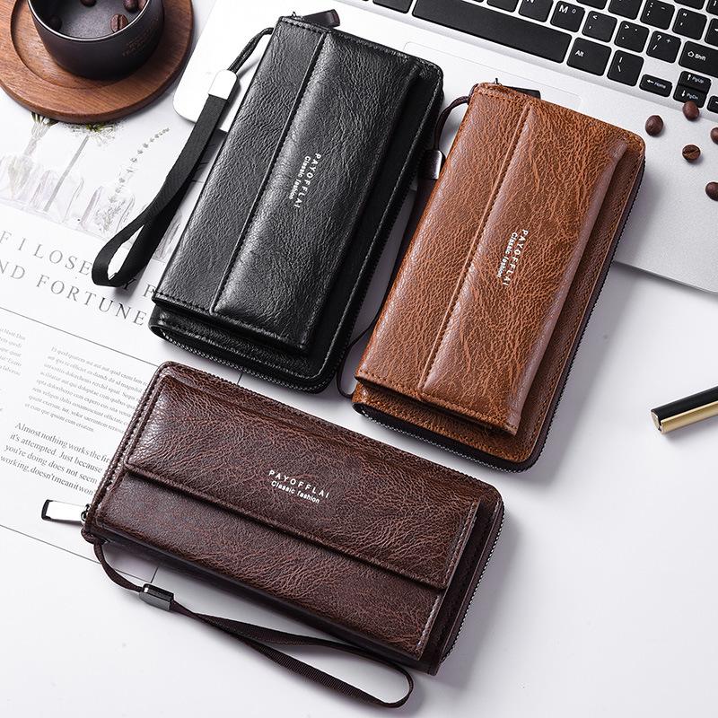 Men's PU Leather Multi-Slot Long Wallet & Clutch Bag with Mobile & Coin Pockets