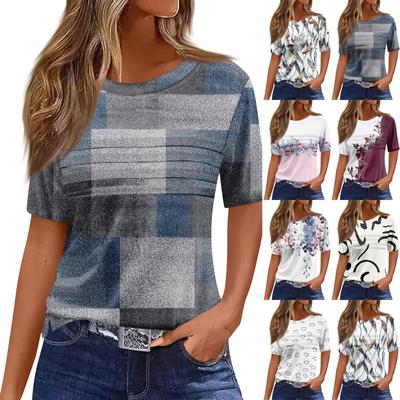 T Shirts For Women Pleated Round Neck Dressy Casual Blouses Printing Short Sleeve Summer Tops Loose Fit