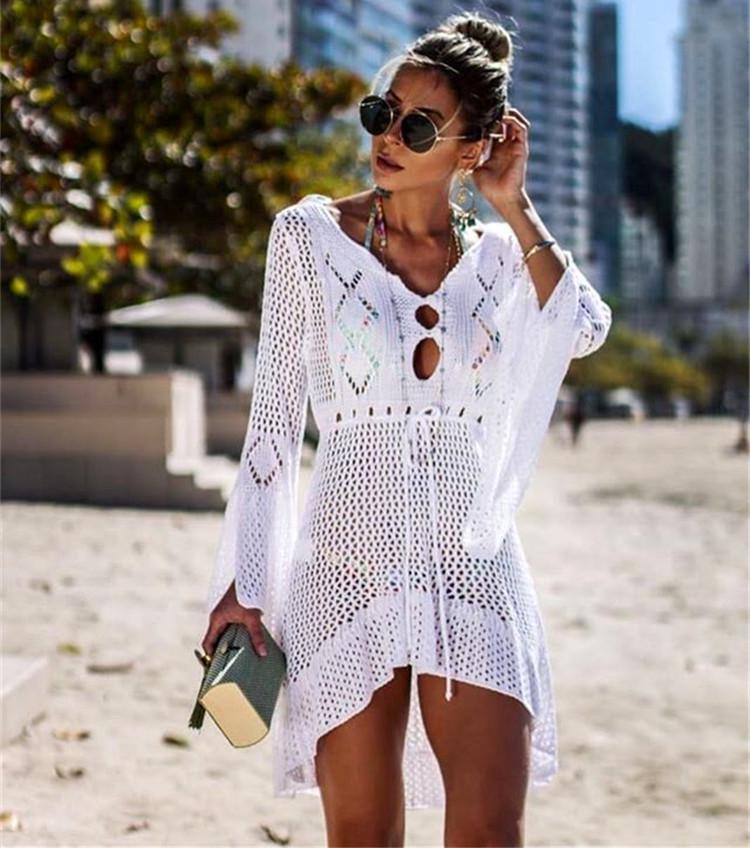 Hollowed-Out Knit Bikini Women Crochet Knitted Cover Up Dress Beach Tunic Long Bikini Cover Bathing Suit Beachwear