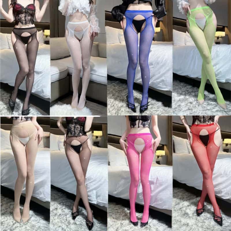 Shiny Rhinestone Tights Woman's Sexy Lingerie Four Sides Hollow-out Open Crotchless Slim High Waist Fishnet Pantyhose Mesh Body Fashion Stockings