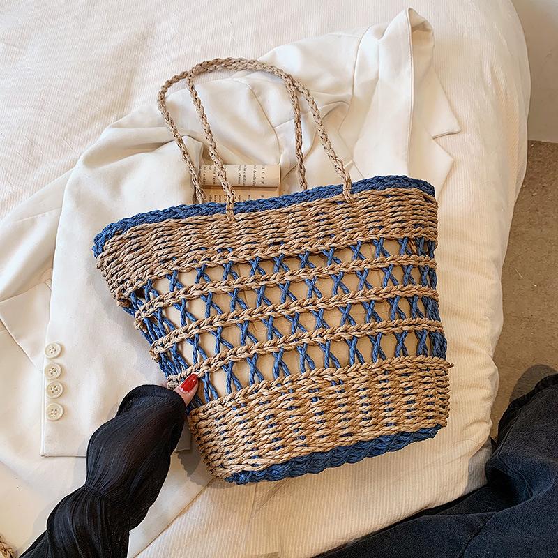 

Новая модная и стильная соломенная овощная корзина, пляжная сумка, сумка через плечо, портативная, большой вместимости, женская сумка синий