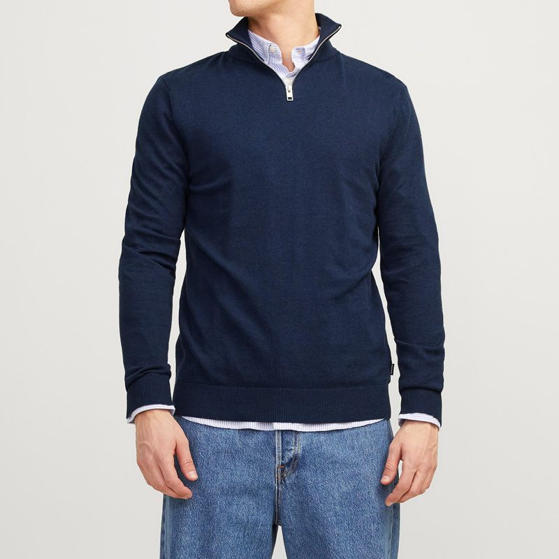 Men's JACK & JONES Soft Crocheted Cotton Zip-up High Neck Pull