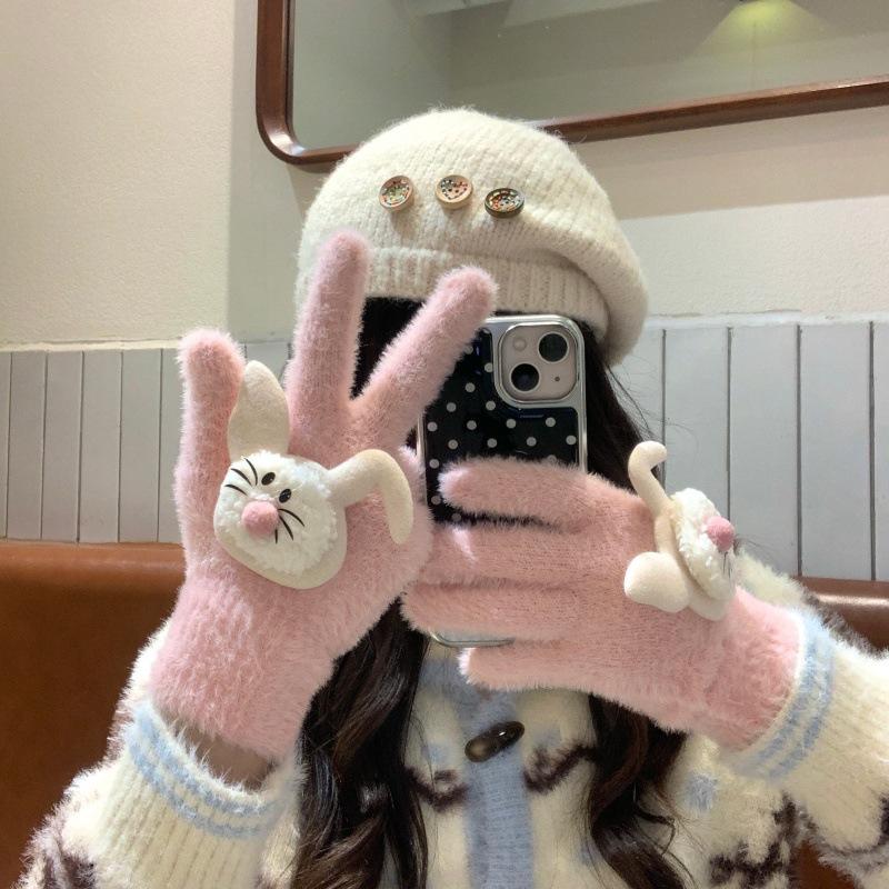 Cute Rabbit Ear Plush Knitted Gloves Women's Winter Warm Touch Screen Thickened Finger Student Cold Gloves