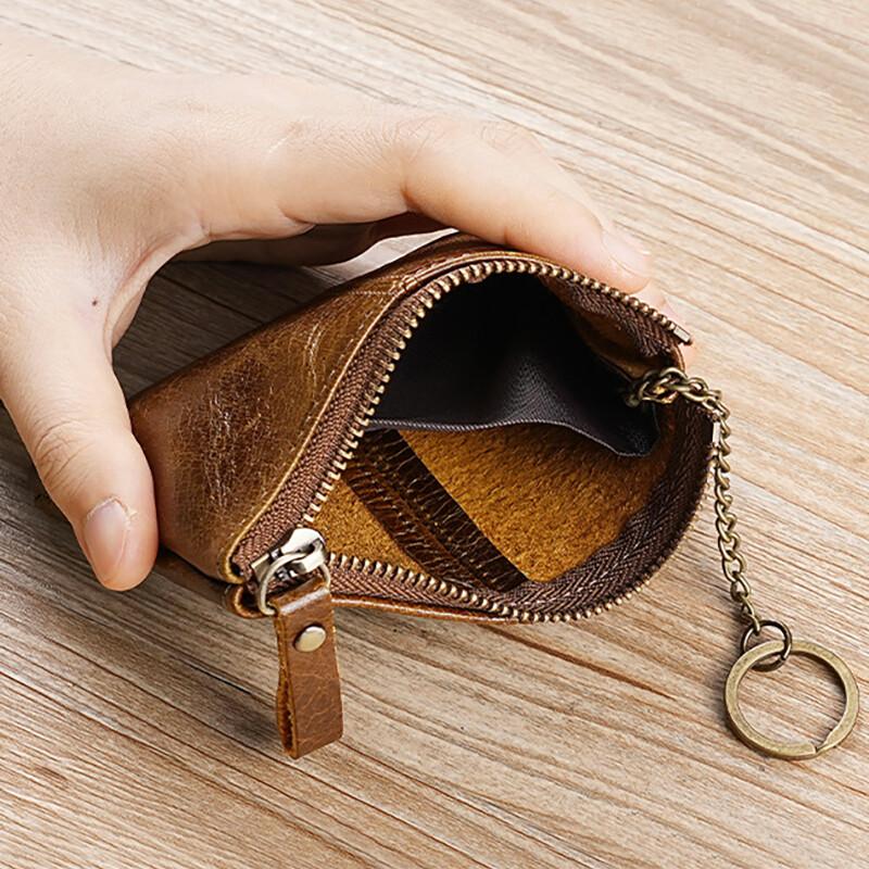 Mens and Women Retro Real Leather Zipper Wallet Card Holder Small Coins Keys Pocket Money Storage Pouch with Chain Key-ring