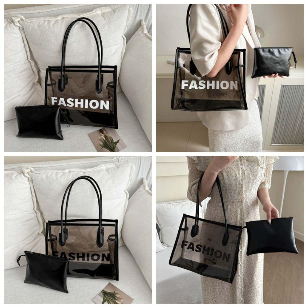 2pcs/set Fashion Transparent Jelly Bag PU Leather PVC Composite Tote Bags Clear PVC Handbag Party