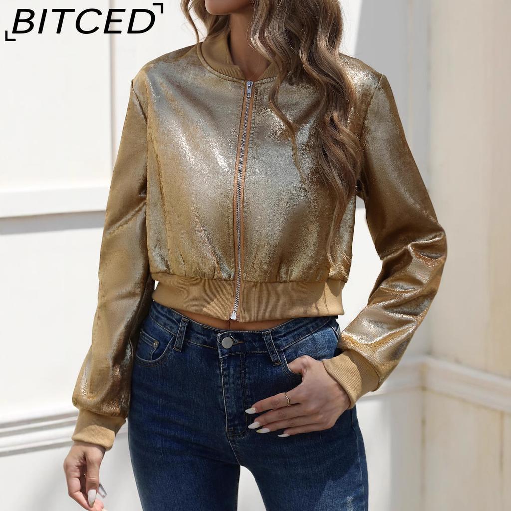 BITCED Women's Spring/Fall Long-Sleeve Zipper Gold Foil Casual Jacket