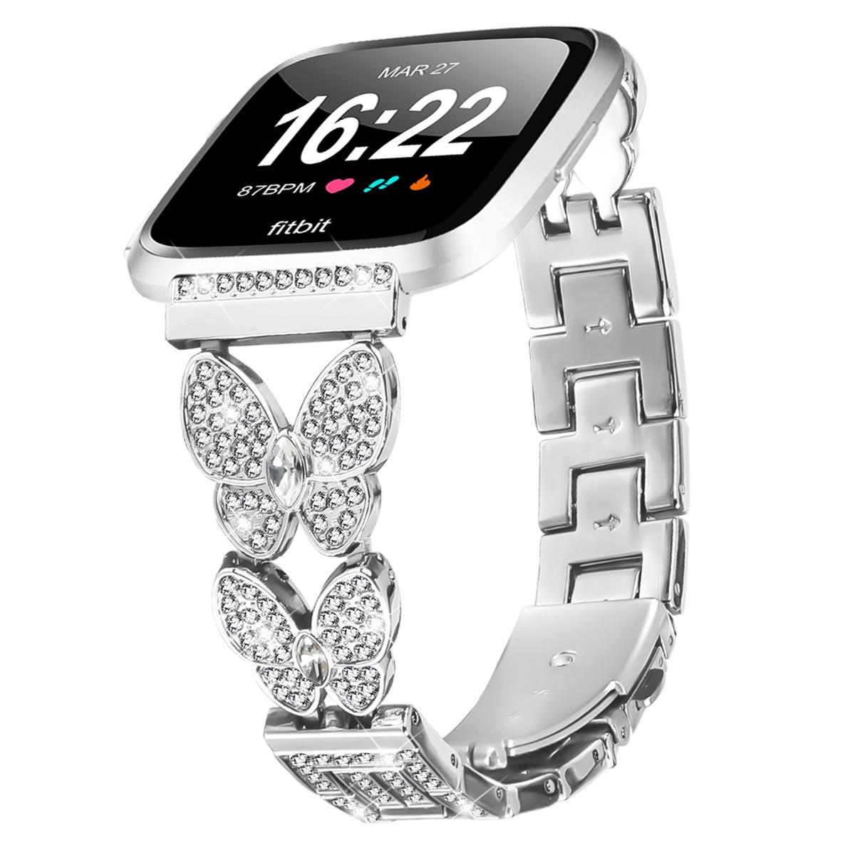 

For Fitbit Versa Lite Watch Band Butterfly Rhinestones Decor Silver Alloy Metal Strap As shown A