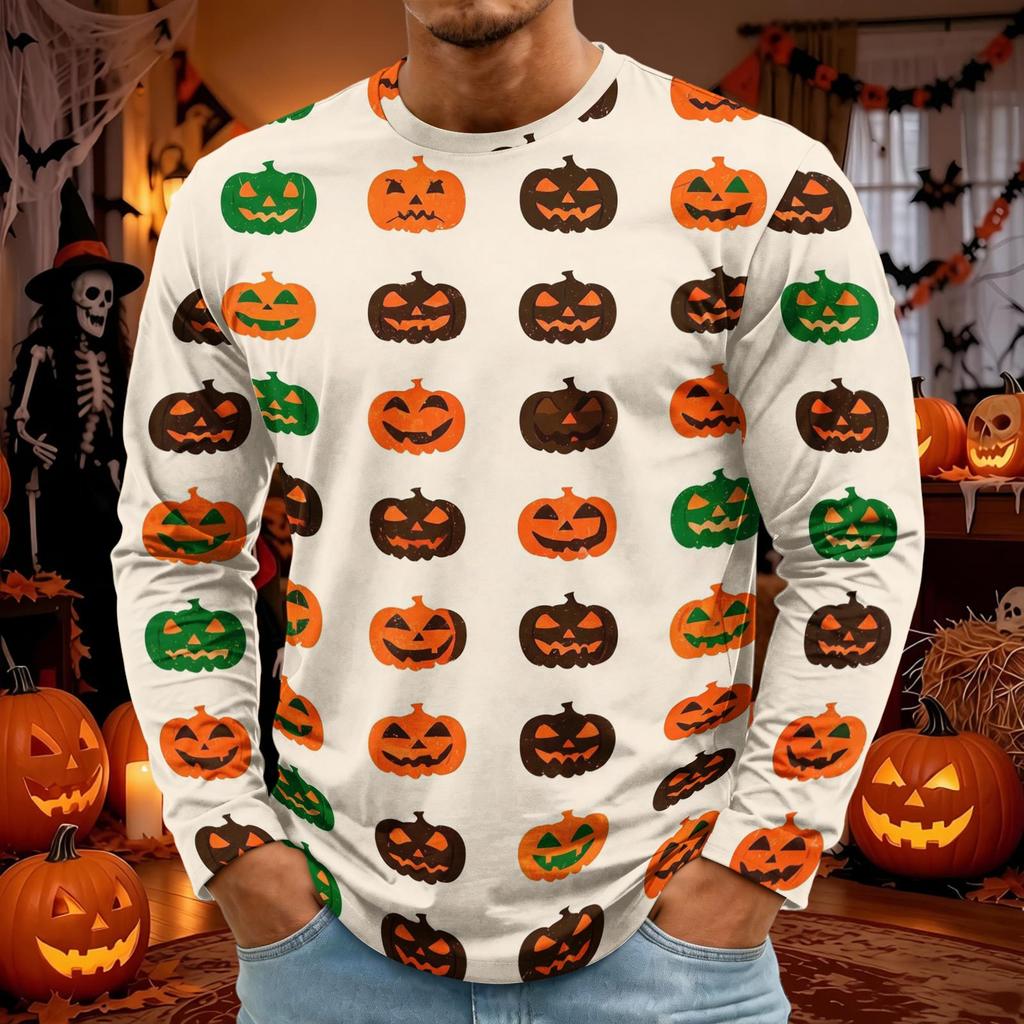 Men's Halloween Long Sleeve T-Shirt Neck Loose Fit Casual Versatile Top