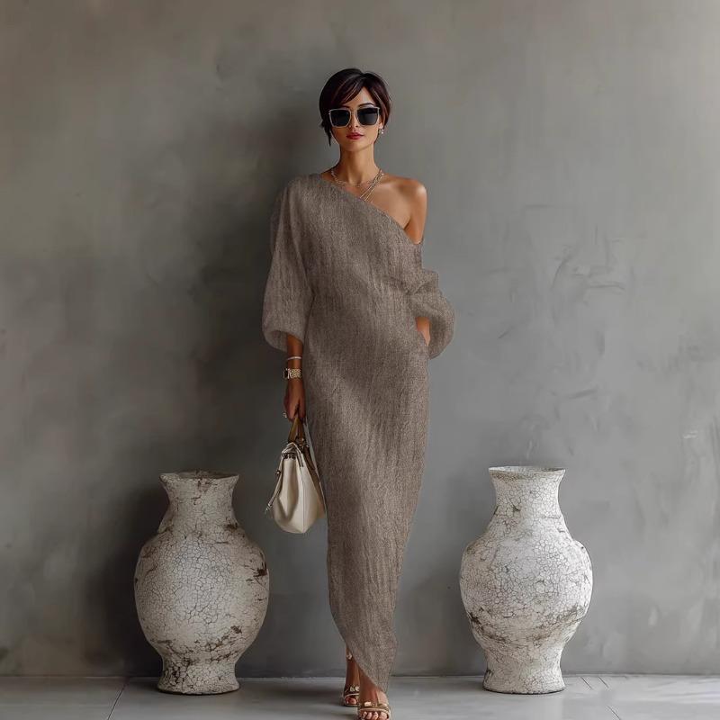 Rochie Maxi Femei S Mânecă Lungă Decolteu Bardot Culoare Solidă