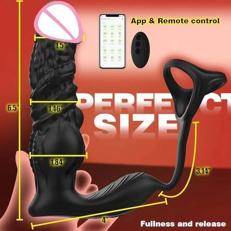 6-in-1 Male High-Speed Butt Plug Prostate Massager with App/Remote Control for Retractable Dildo Delayed Ejaculation Lock Ring