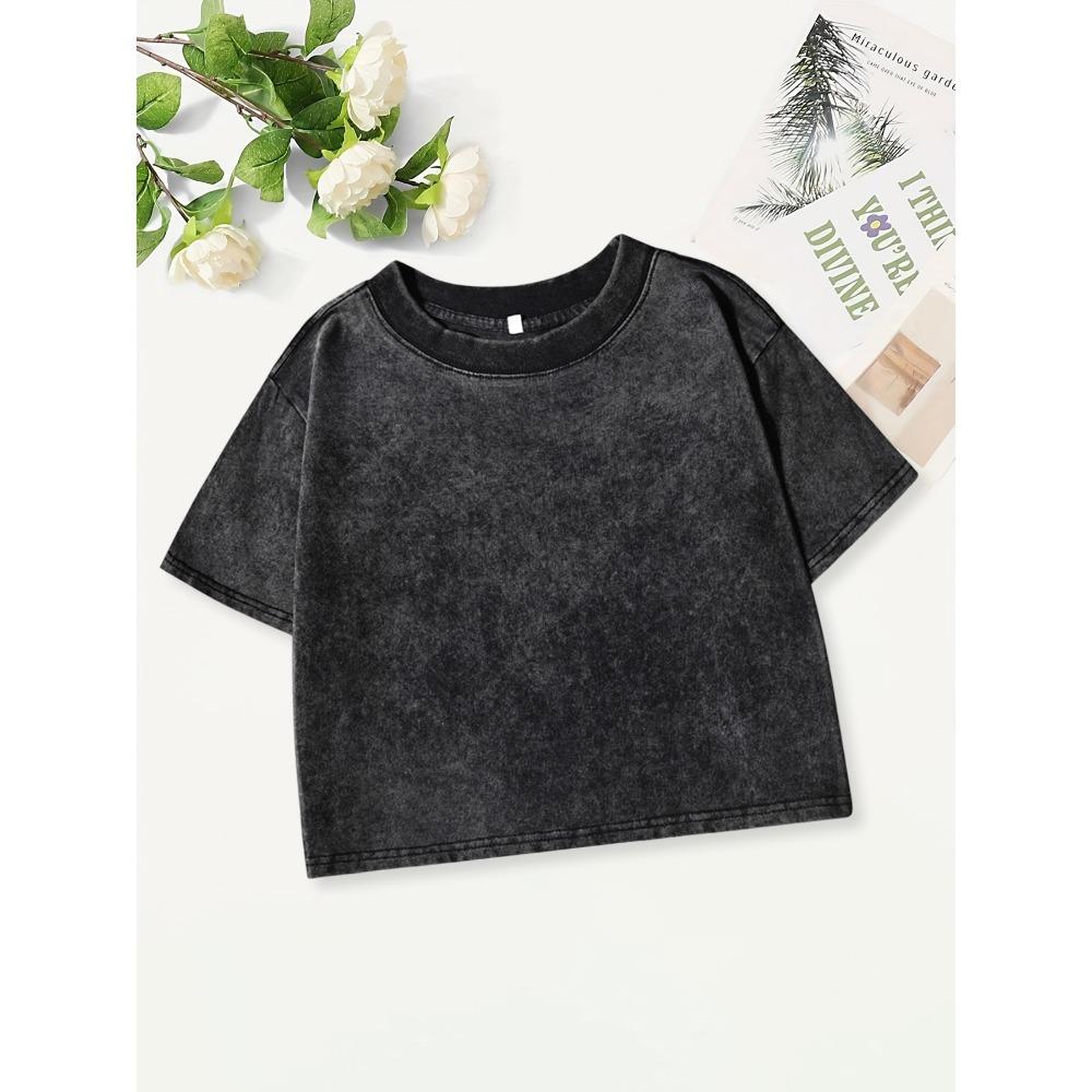 

Летние однотонные хлопковые выстиранные футболки для женщин, свободные кроп-топы с круглым вырезом, уличная женская одежда, футболки с коротким рукавом L