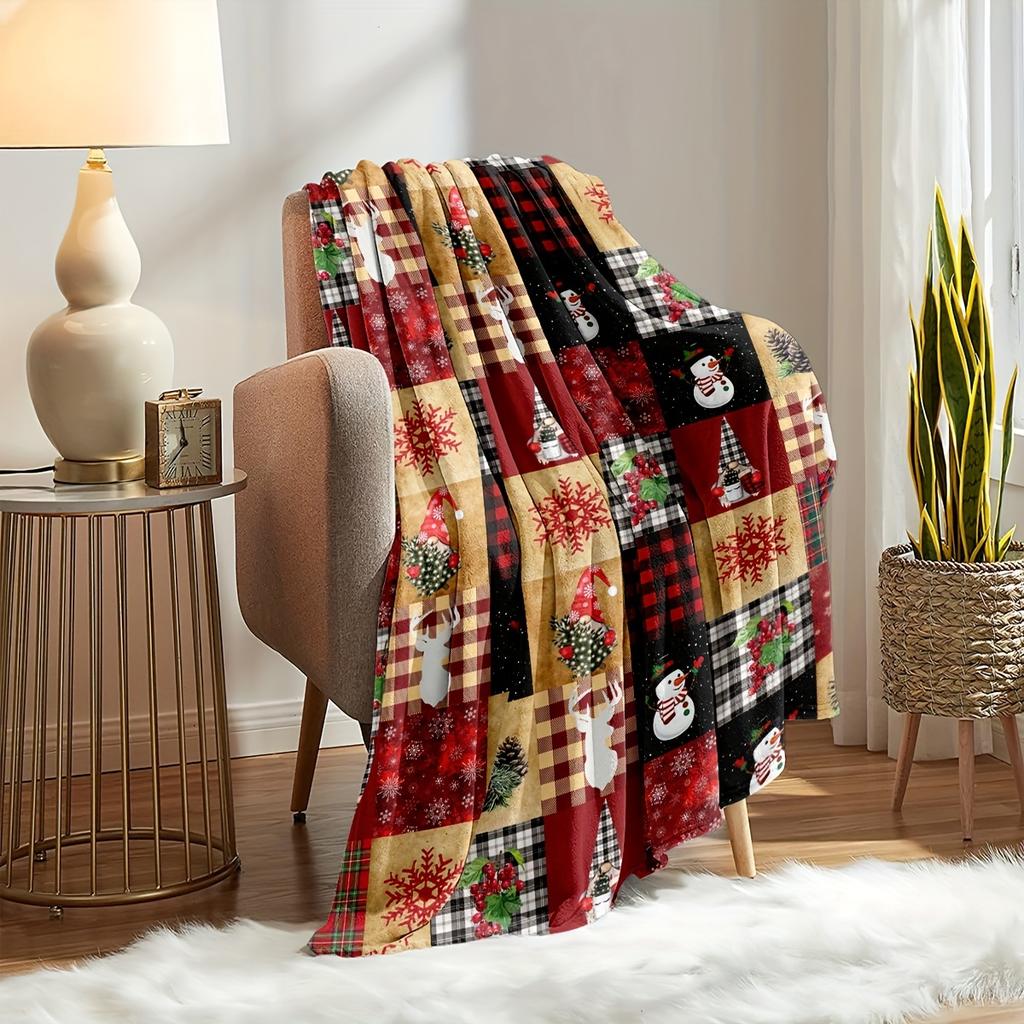 Christmas Patchwork Plaid Flannel Blanket Snowman Reindeer Snowflake Soft Warm Throw Blanket Sofa Bed Holiday Home Decor Xmas Gift