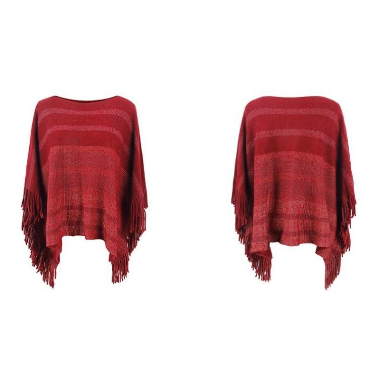 Women Autumn Winter Loose Knitwear Sweater O Neck Bat Sleeve Stripe Cardigan Cross Border Cloak