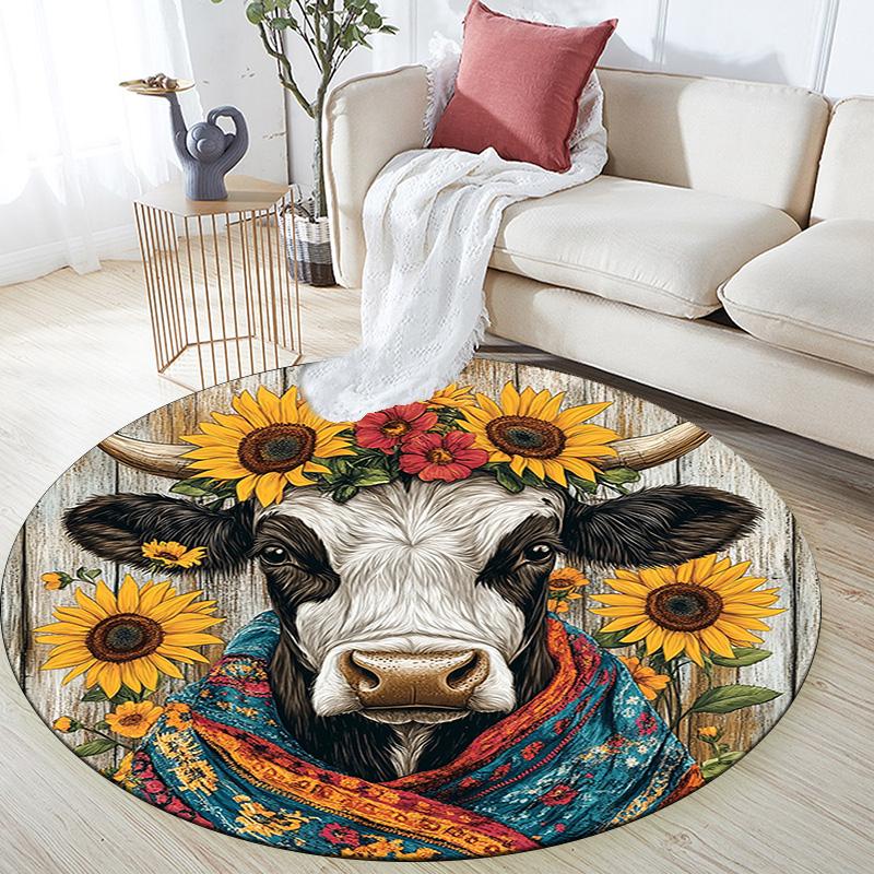 Cow with Sunflower Round Area Rug,Carpet Rug for Living Room Bedroom Sofa Playroom Decor,Non-slip Floor Mat