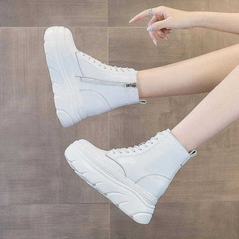 Moda 9CM Nowa oryginalna skórzana platforma klinowa ukryty obcas damskie botki zapinane na zamek swobodne grube trampki wysokie obcasy wiosenne jesienne buty