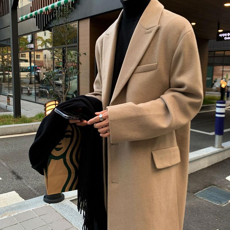 Woolen Coat Men's Mid-length Autumn and Winter Korean Style Loose Trendy Knee-length British Windbreaker Woolen Coat