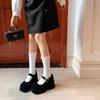 Women's Mary Jane Shoes Wedges Round Toe One-line Buckle High Heels Dress All-match Flannel Shallow Mouth Zapatillas De Mujer